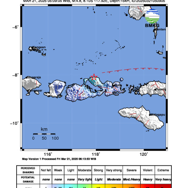 Gempa Berkekuatan 4,8 SR, pusat gempa berada di darat 70 km timur laut Sumbawa