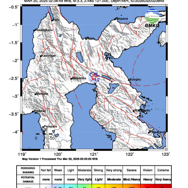 Gempa Berkekuatan 3,3 SR, pusat gempa berada di darat 22 km barat laut Luwu Timur