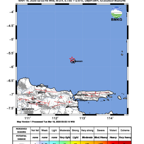Gempa Berkekuatan 3,4 SR, pusat gempa berada di laut 144 km timur laut Tuban