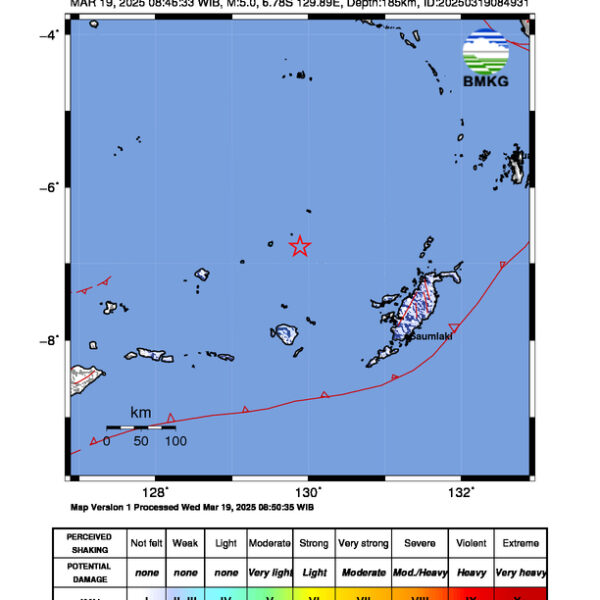 Gempa Berkekuatan 5,0 SR di 205 km BaratLaut TANIMBAR Tidak Berpotensi Tsunami