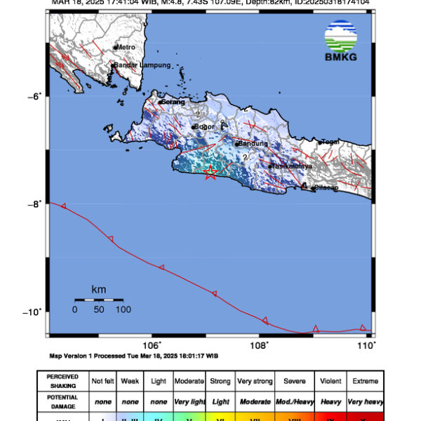 Gempa Berkekuatan 4,8 SR, pusat gempa berada di darat 59 km tenggara Kota Sukabumi