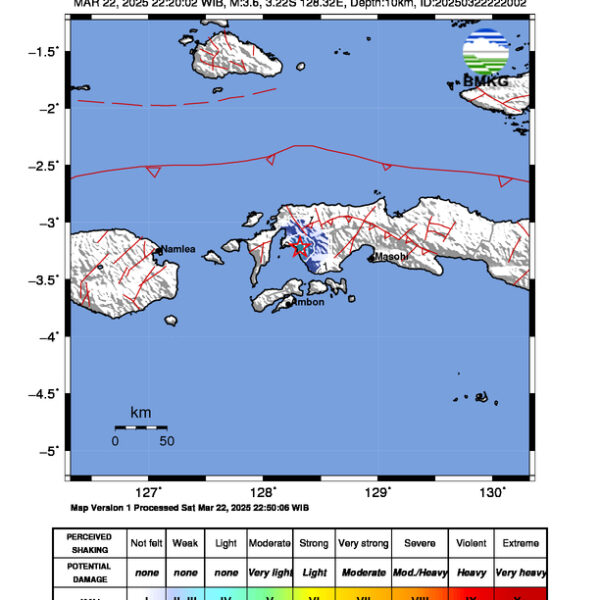 Gempa Berkekuatan 3,6 SR, pusat gempa berada di darat 4 km timur Kairatu Barat, Seram Bagian Barat