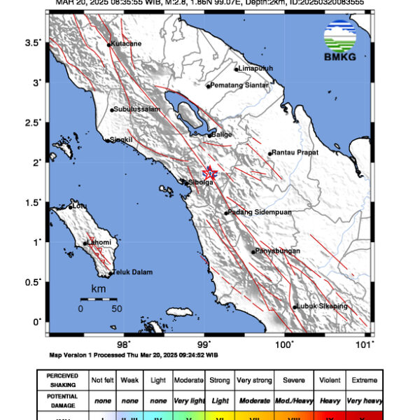 Gempa Berkekuatan 2,8 SR, pusat gempa berada di darat 20 km Tenggara Tapanuli Utara