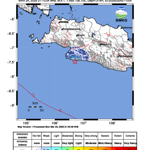 Gempa Berkekuatan 4,1 SR, pusat gempa berada di laut 58 km Tenggara Kab. Sukabumi