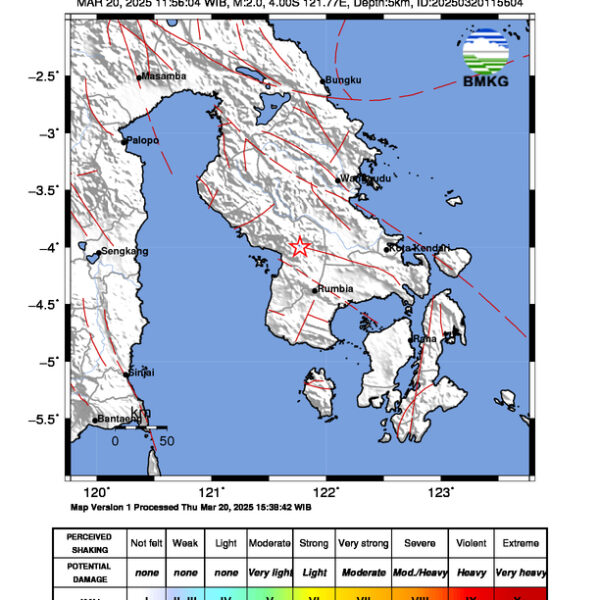 Gempa Berkekuatan 2,0 SR, pusat gempa berada di darat 2 km timur laut Lalolae Kolaka Timur