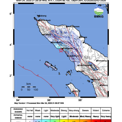 Gempa Berkekuatan 4,7 SR, pusat gempa berada di laut 33 km Barat Daya Blang Pidie, Aceh Barat Daya